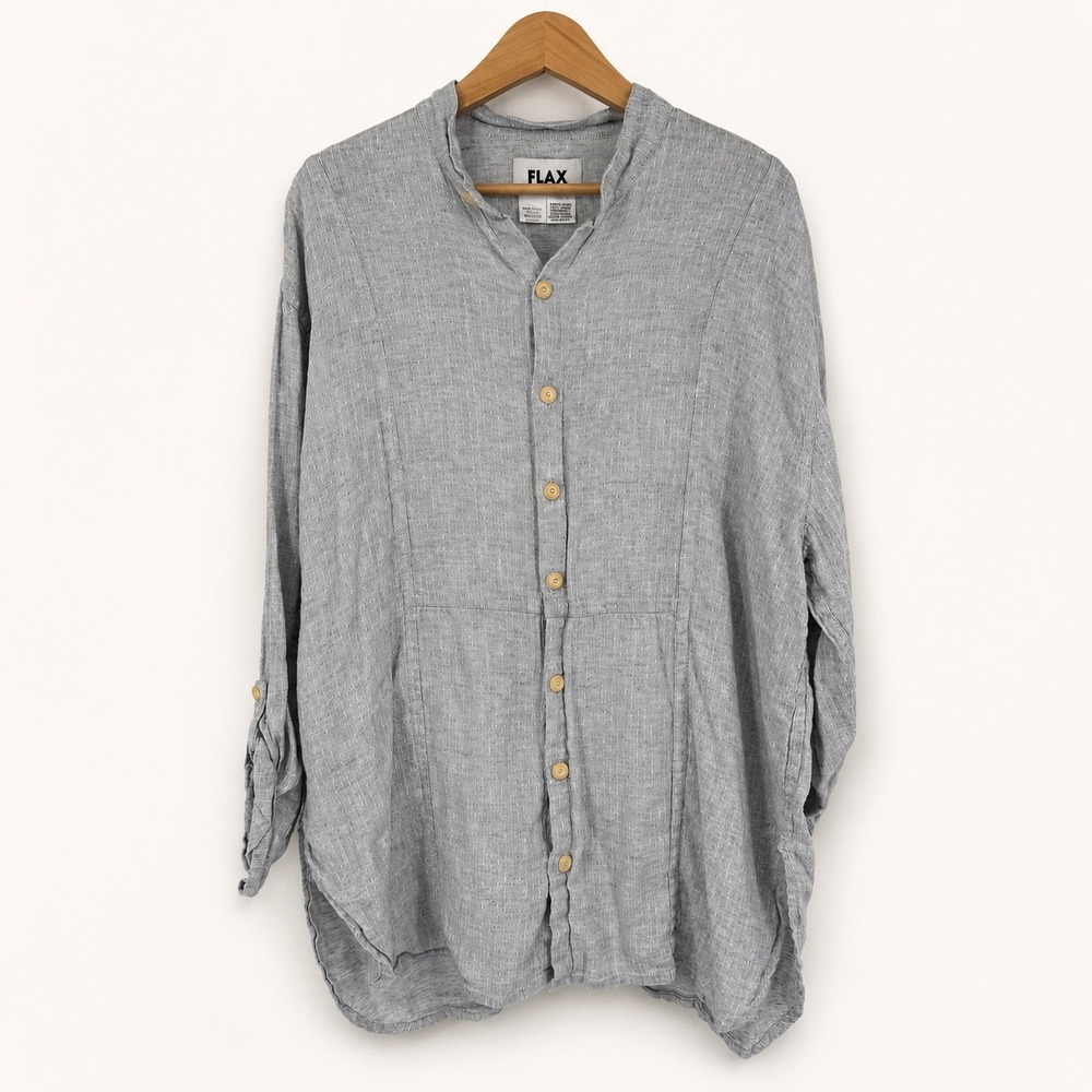 FLAX Medium Shirt Tunic Linen Button Up Pockets Lagenlook Chic Layering Coastal